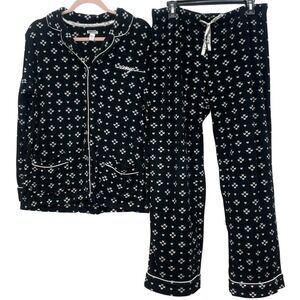 DKNY Pajama Set Women's L Black White Print Button Front Top Pants